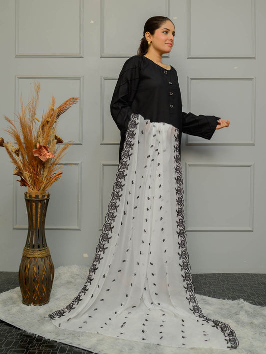 Chiffion Embroidered  Dupatta (White&Black 003