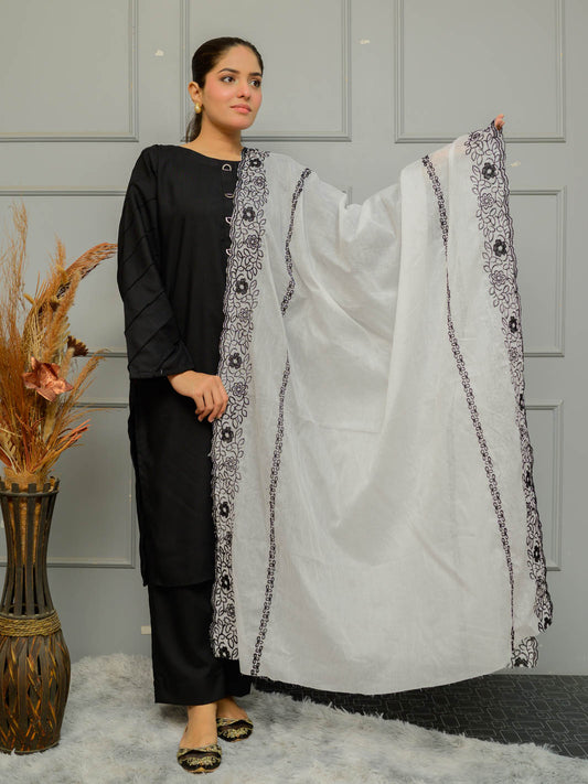 Pure Lawn  Cutwork Dupatta (White&Black 002)