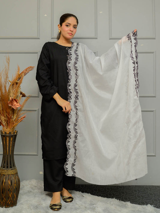 Pure Lawn  Cutwork Dupatta (White&Black 003)