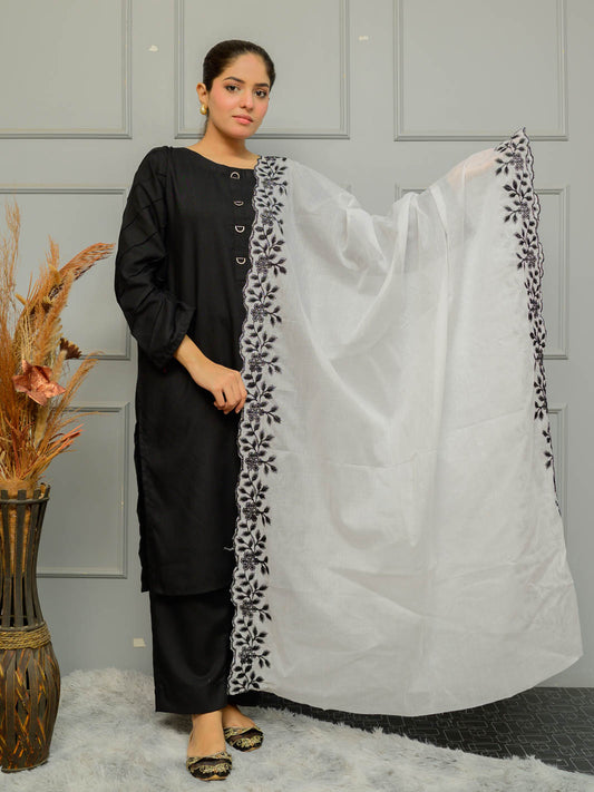 Pure Lawn  Cutwork Dupatta (White&Black 004)
