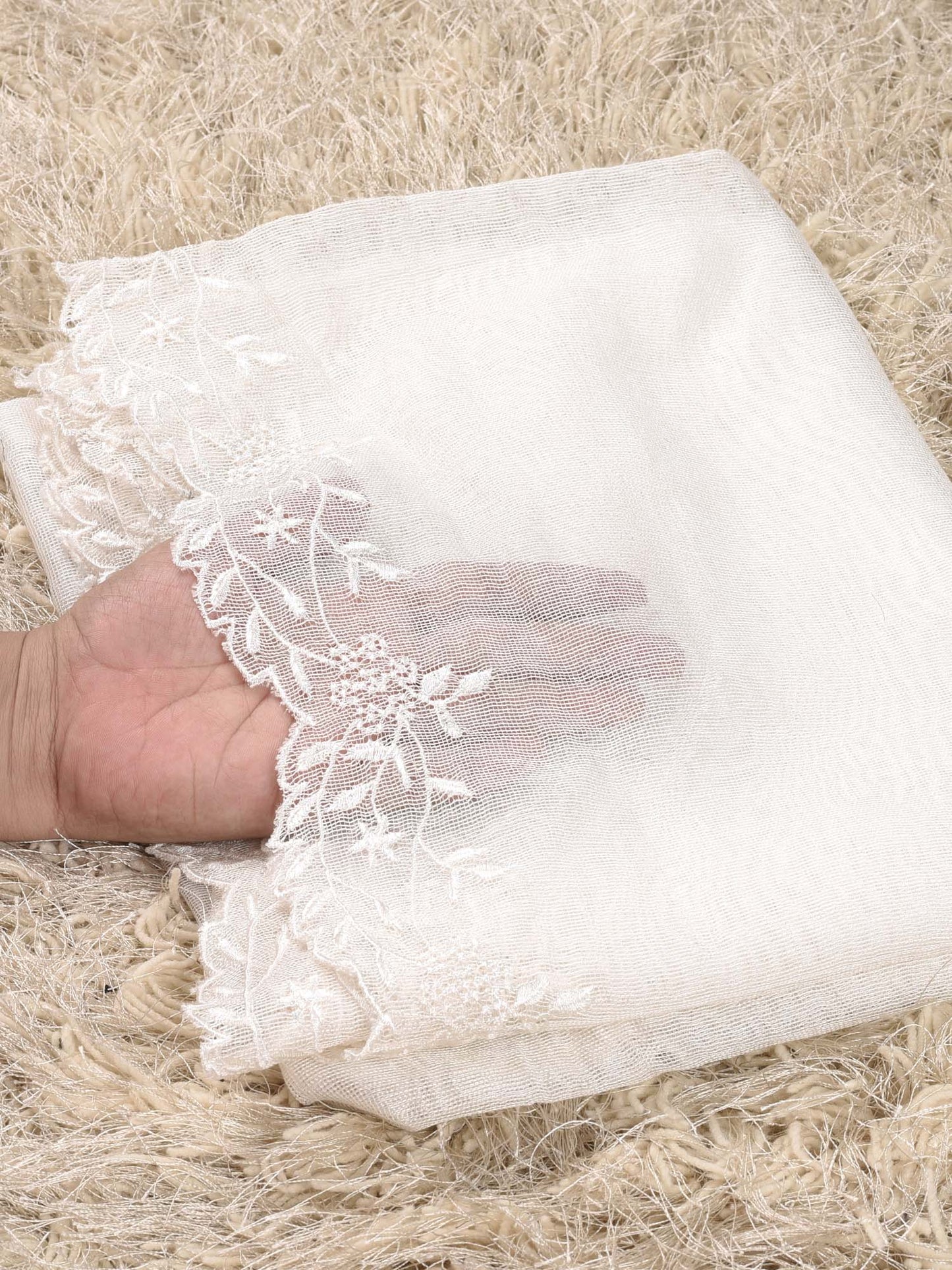 Khaddi Net Embroidered  Dupatta  ( off White 009)